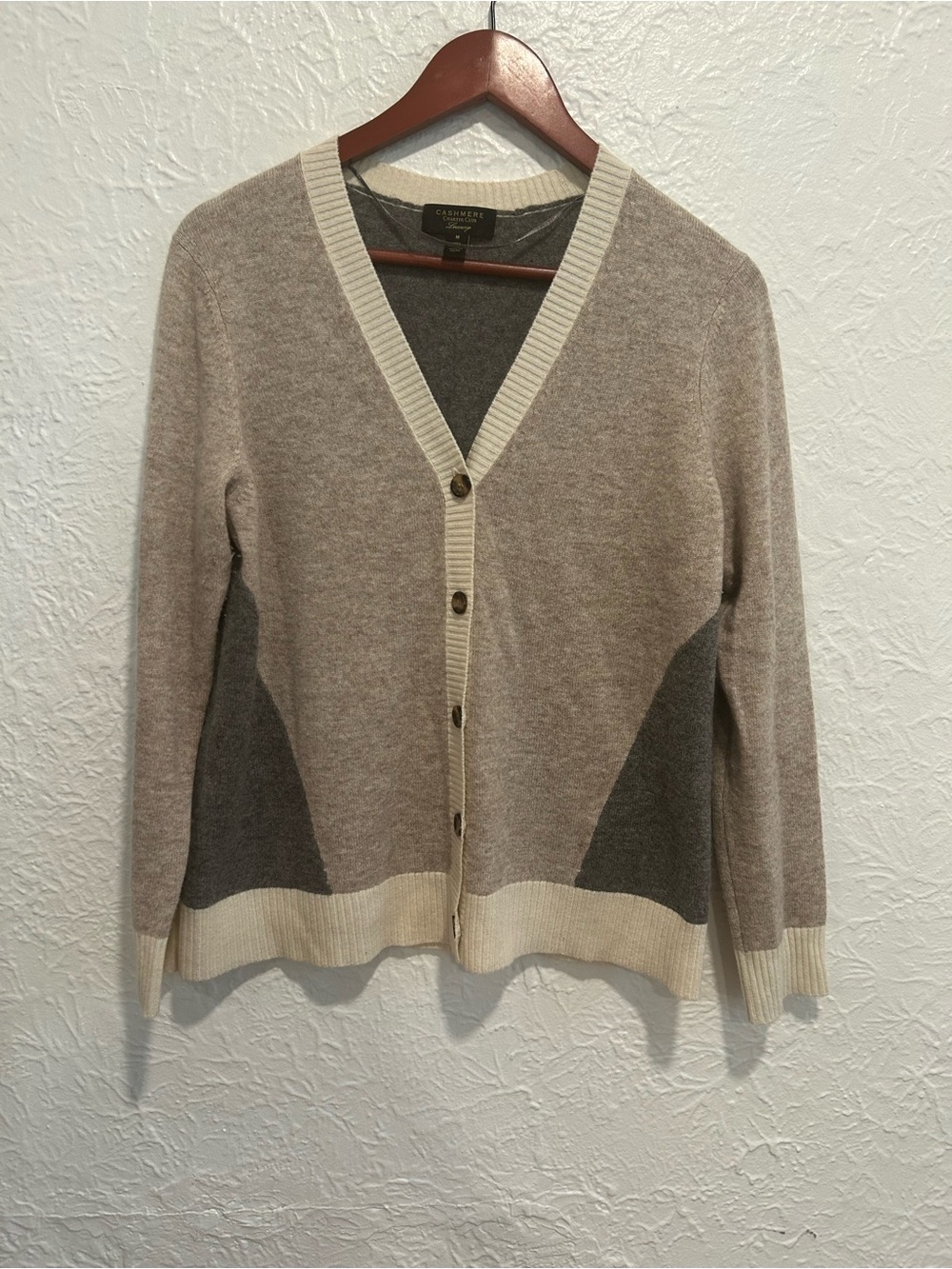 Charter Club 100% Cashmere V-Neck Cardigan in Cream and Gray